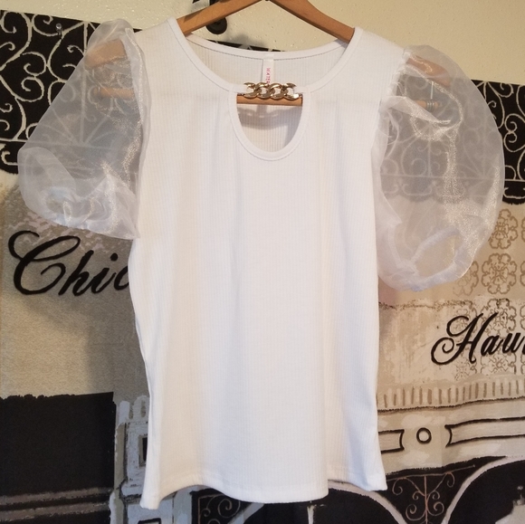 Dressy White Sheer Puff Sleeve Ribbed Top - Picture 5 of 6